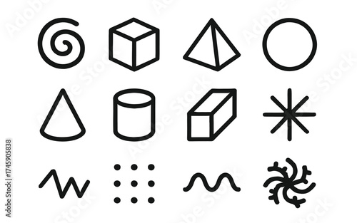 Geometric shapes set: cube, pyramid, cylinder, spiral, star, and more line icons