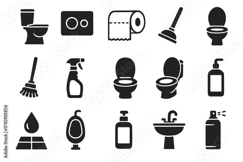 Bathroom icons: toilets, cleaning tools, soap dispensers, faucets, and floor symbols