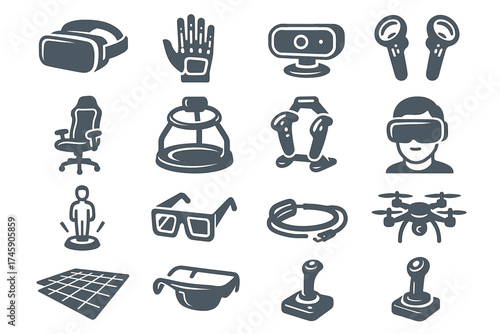 Collection of virtual reality icons: vr headset, drone, joystick, and gaming accessories