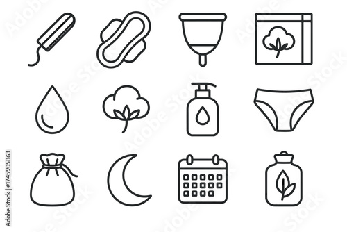Menstrual hygiene icons set featuring tampon, pad, cup, and underwear