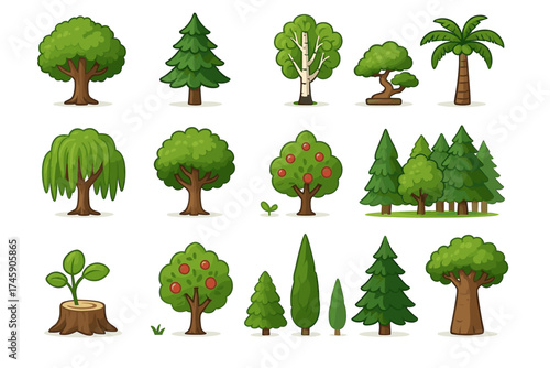 Collection of diverse cartoon trees and plants on white background
