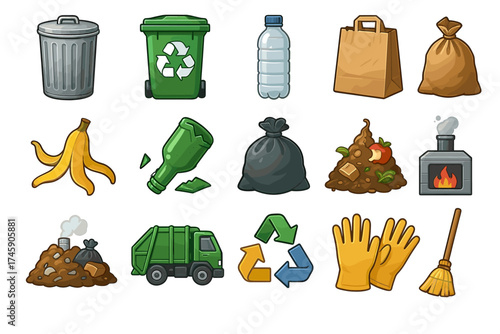 Recycling and waste management icons: trash, compost, and tools for sustainable living