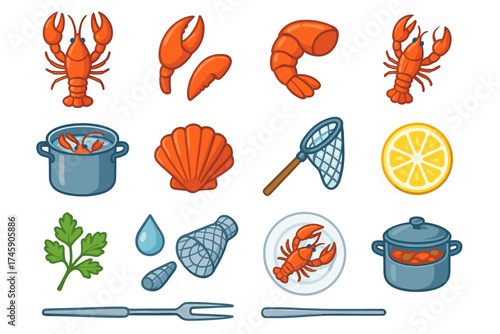 Seafood elements: lobster, shrimp, cooking utensils, shells, and garnishes