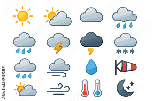 Weather icons set featuring sun, clouds, rain, snow, wind, temperature, and moon symbols