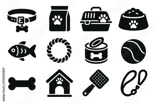 Set of black silhouette pet supply icons featuring toys, food, and accessories