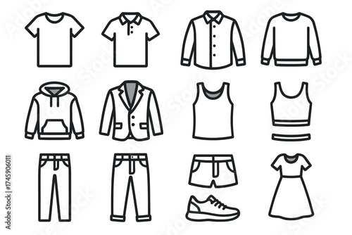 Outline icons of various clothing items for men and women