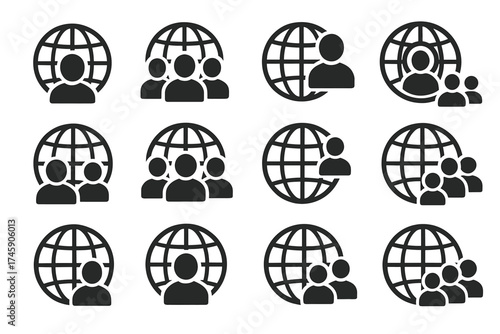 Set of globe people icons representing global connection and community