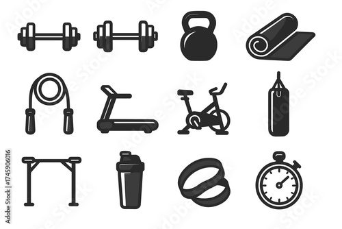 Fitness equipment icons: dumbbell, kettlebell, yoga mat, jump rope, treadmill, exercise bike, punching bag
