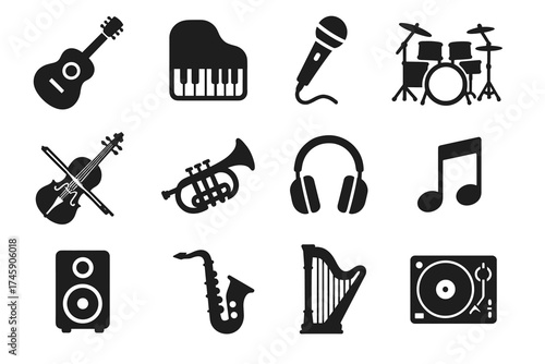 Musical instrument icons: guitar, piano, microphone, drums, violin, trumpet, headphones, speaker, saxophone, harp, turntable