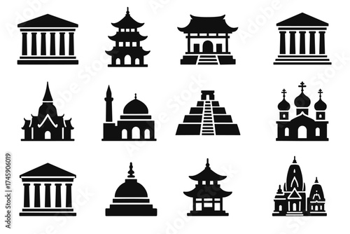 Silhouette icons of global architectural landmarks and religious structures