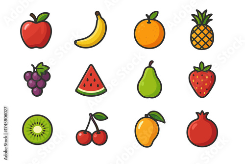 Assorted colorful fruit icons including apple banana orange pineapple and more