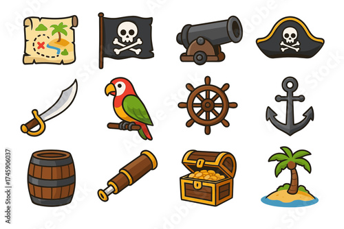 Colorful pirate icons set with map, parrot, and treasure chest