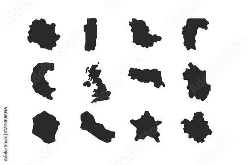 Twelve black silhouette maps of global countries on white background