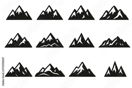 Set of twelve black mountain silhouettes with diverse peaks