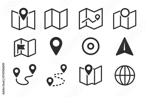 Set of vector icons representing maps, navigation, and geolocation