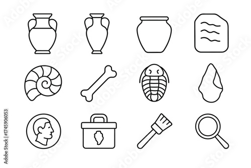 Archaeology tools and artifacts outline icons set