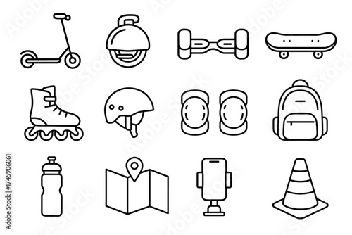 Set of active lifestyle icons: scooter, helmet, skateboard, backpack, water bottle, cone
