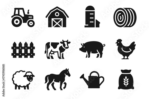 Farm icons: tractor, barn, silo, animals, tools, and crop symbols in black silhouette
