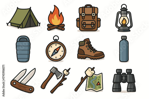 Camping adventure icons: tent, campfire, backpack, lantern, compass, hiking gear