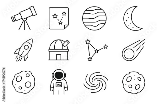 Space exploration icons: telescope, rocket, astronaut, planets, stars, comet, observatory