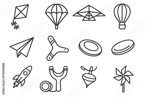 Outline icons of toys: kite, parachute, boomerang, yo-yo, frisbee, and more