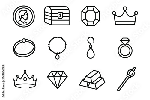 Black line icons of jewelry and royal accessories