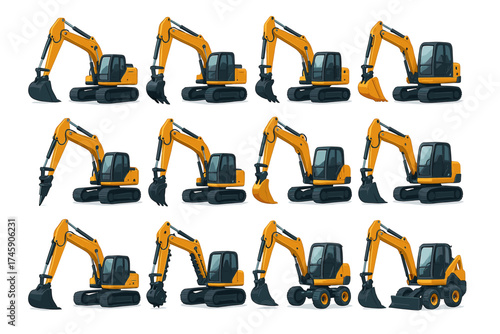 Various yellow excavators with attachments