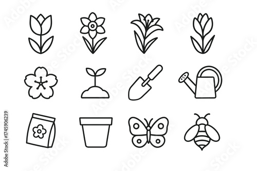 Simple garden icons: flowers, tools, and bugs collection