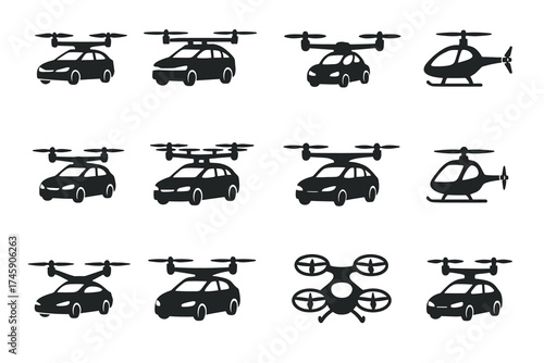 Silhouette icons of futuristic flying cars and drones