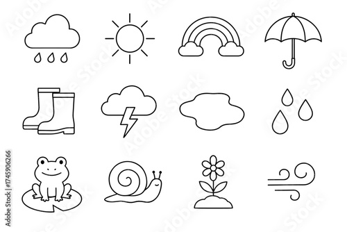 Weather and nature icon set: clouds, sun, rainbow, umbrella, boots, storm, raindrops, frog, snail, flower, wind