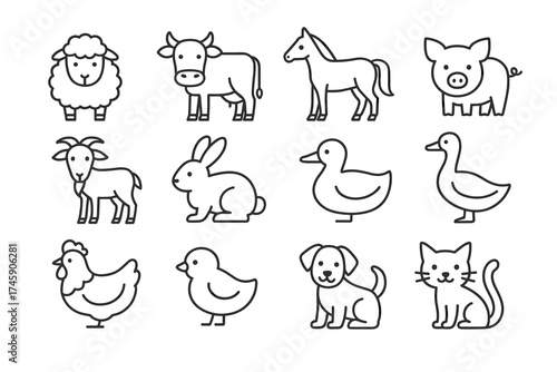 Set of cute farm animal line art icons: sheep, cow, horse, pig, and more