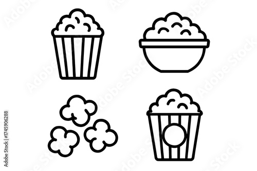 Popcorn and rice bowl icons in black and white line art illustrations