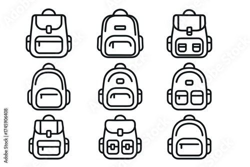 Nine black and white backpack icons displayed in grid layout