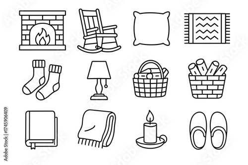 Cozy home elements: fireplace, rocking chair, pillow, rug, socks, lamp, basket, blanket, candle, slippers
