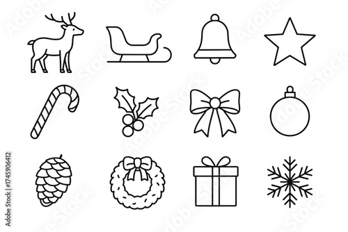 Black and white christmas icons: reindeer, sleigh, bell, star, ornament, wreath, snowflake