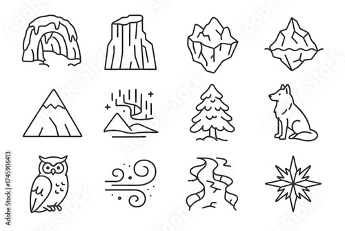 Nature symbols collection: mountains, icebergs, animals, trees, wind
