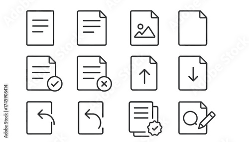 Set of document icons: file, image, upload, download, edit, verify, and more