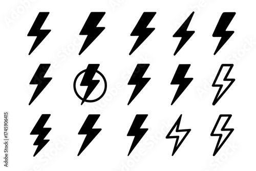 Collection of diverse lightning bolt icons in various styles and designs