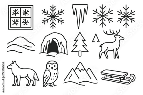 Winter icons collection: snowflakes, forest animals, and seasonal elements