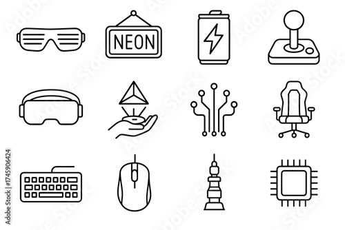 Gaming icons set: neon, vr, battery, joystick, chair, keyboard, mouse, chip