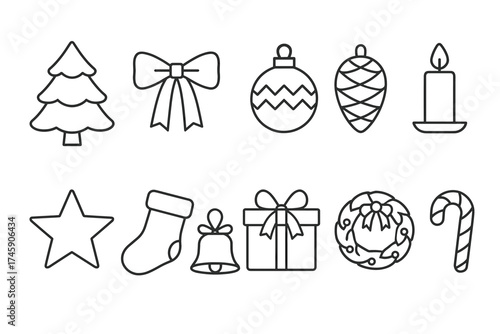 Black and white christmas icon set with tree, ornament, and candle designs