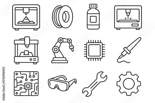 Line art icons of 3d printing, robotics, and engineering tools