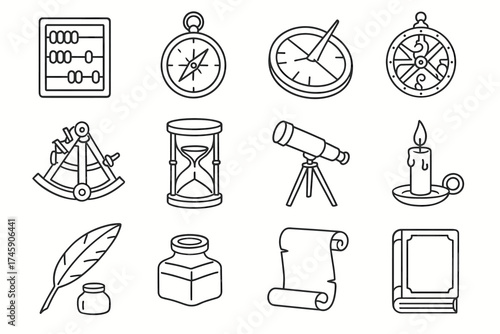 Set of hand-drawn navigation and writing tools: abacus, compass, telescope, quill, and more
