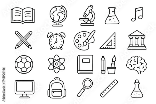 Educational icons: science, art, music, and math symbols for learning inspiration