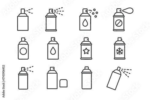 Collection of spray can icons with various design elements and applications