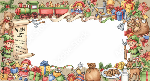 Festive Christmas Frame with Toys, Gifts, and Elves for a Wish List