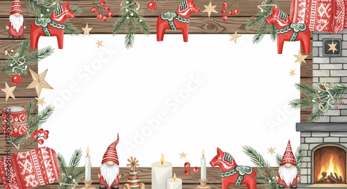 Christmas holiday frame with cozy fireplace, gnomes, and Dala horses on a rustic wooden background, adorned with festive winter decorations and empty space for text