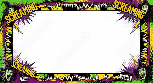 Vibrant horror comic book style frame featuring screaming monster faces and jagged pop art elements, perfect for Halloween party invitations, spooky event promotions, or retro arcade game designs