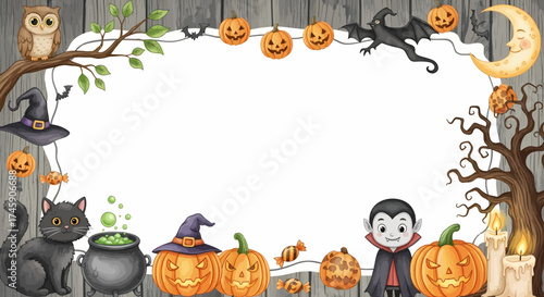 Whimsical Halloween vector frame adorned with cute vampire, pumpkins, and a black cat, offering a festive border for invitations, messages, and autumn celebration designs