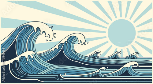 A stylized illustration of ocean waves under a sunburst, evoking a sense of nature's power and beauty